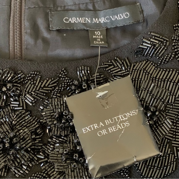 Carmen Marc Valvo Black Beaded 3/4 Sleeve Wool Cocktail Sheath Dress Size 10 - Picture 8 of 11